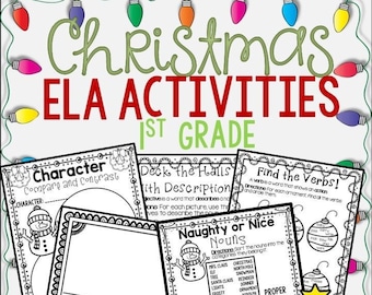 Puede incluir: Un conjunto de actividades de ELA imprimibles con temática navideña para primer grado. Las actividades incluyen una hoja de trabajo de comparación y contraste de personajes, una hoja de trabajo de decoración de los salones con descripciones, una hoja de trabajo de búsqueda de verbos y una actividad de clasificación de sustantivos traviesos o agradables.