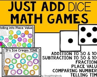 May include: A colorful printable set of dice games for kids. The games include "Rolling into Place Value", "It's Ice Cream Time", and more. The games are designed to help kids learn addition, subtraction, fractions, place value, comparing numbers, and telling time.