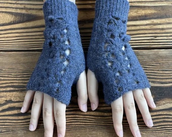 Solid Color Knit Hollow Gloves Clover Crochet Fingerless Gloves Elegant Half Finger Warm Winter Glove