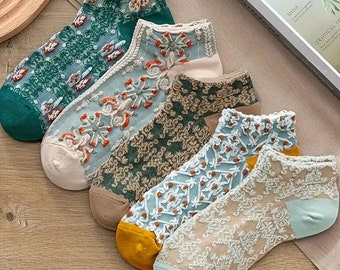 5 Pairs Floral Print Socks, Retro Court Style 3D Textured Ankle Socks, Women's Stockings & Hosiery