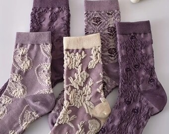 Free Shipping!! Vintage Floral Textured, Retro Style Socks, Comfy Breathable Mid Calf For Women & Girls Gifts **Size 5-8 ** You get 5 pairs!