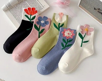 Free Shipping! 5 Pairs Floral Print Socks, Comfy and Cute Mid Tube Socks, Women's Stockings & Hosiery