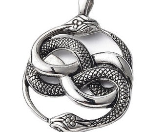 Pendant, Ouroboros Knotted Snake, Celtic, Viking, Norse, Odin's Ravens, Pagan, Antique Silver, 43x30x4mm, Hole: 6x4mm
