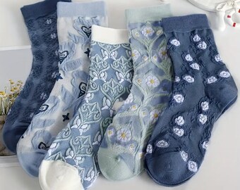 Free Shipping!! Vintage Floral Textured, Retro Style Socks, Comfy Breathable Mid Calf For Women & Girls Gifts **Size 5-8 ** You get 5 pairs!