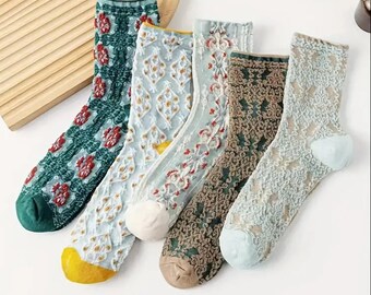 Free Shipping!! Vintage Floral Textured, Retro Style Socks, Comfy Breathable Mid Calf For Women & Girls Gifts **Size 5-8 ** You get 5 pairs!