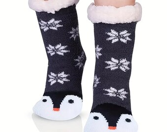 Cute Cartoon Penguin Socks Fluffy Slipper Socks Fleece Warm Cozy Non-slip  Gifts For Women Penguin Lovers Gifts *Size: US 5-8