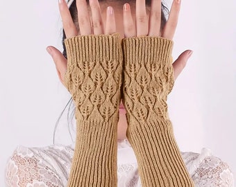 Elegant Leaf Hollow Out Gloves Solid Color Knit Fingerless Gloves Winter Soft Warm Elastic Gloves