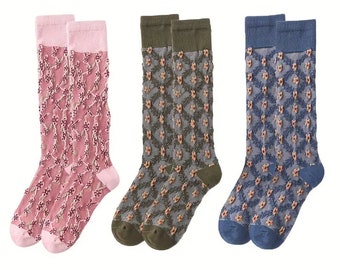Retro Floral Embroidery Calf Socks, Comfy and Soft Thin Knee High Socks, Women's Stockings & Hosiery **You get one pair