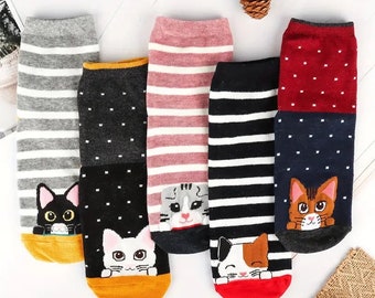 Free Shipping! Cartoon Cat Funny Socks, Cozy Novelty Socks, Casual Mid Tube Socks For Women Girls Gifts **Size 5-8 *** You get 5 pairs!!!