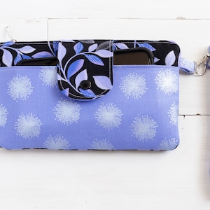 Cartera de mano para teléfono móvil negra y morada con correa para la muñeca, cartera con cremallera, cartera de mano para mujer, monedero pequeño