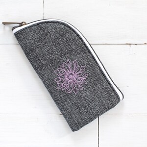 Embroidered Sunglasses Pouch: Pink Flower, Black Zipper Case