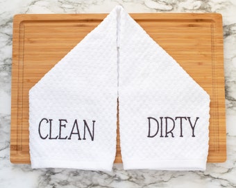 Clean or Dirty embroidered on a  White Cotton Dish Towel,  16" x 28" Waffle Weave Dish Towel, Kitchen Decor, Dishwasher Clean or Dirty towel