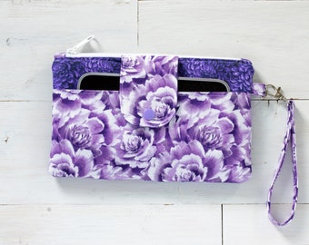 Purple Floral Cell Phone Wristlet Wallet, Zippered Phone Wallet, Women's Clutch Wallet, Small purse