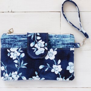 Cartera para teléfono móvil con diseño floral azul, cartera con cremallera, cartera de mano para mujer, monedero pequeño