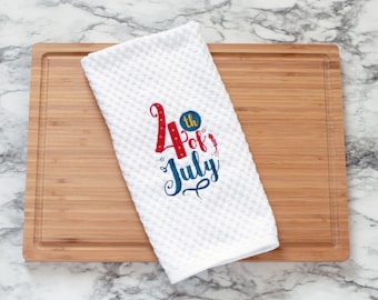 4th of July embroidered Cotton Dish Towel, Holiday Kitchen Decor, 16" x 28" White Cotton Waffle Weave Dish Towel