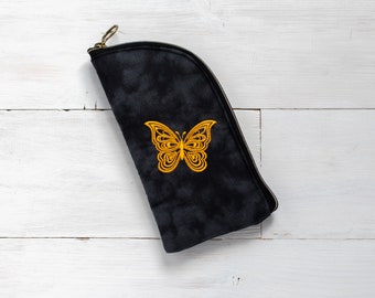 Embroidered yellow Butterfly padded Eyeglass Pouch, Black Fabric Zipper Pouch
