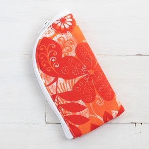 Floral Orange Eyeglass Case: Padded Fabric Zipper Pouch