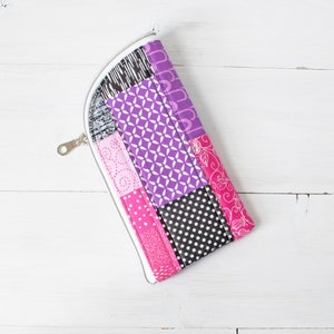 Pink & Purple Quilted Eyeglass Case, Fabric Zipper Pouch, Sunglasses Holder, Padded Glasses Case