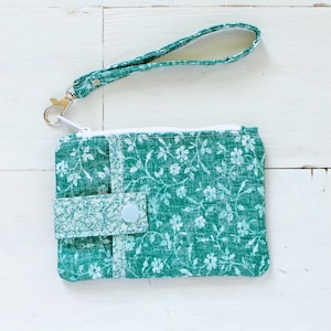 Mini bolso de mano floral verde azulado, billetera pequeña, tarjetero para identificación, monedero con correa para la muñeca, bolsa con cremallera y bolsillo a presión.
