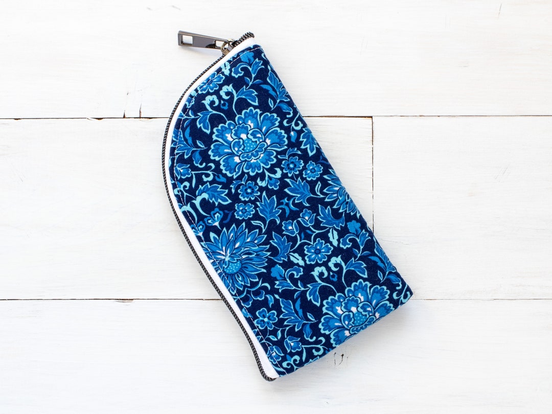 Blue Zippered Eyeglass Case, Floral Eyeglass Case, Fabric Zipper Pouch