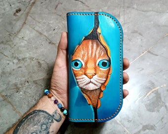 Cat Women Man Long Leather Wallet