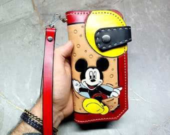 Custom Mens Leather Wallets, Comic Book Wallets, Micky Mouse, Wallet Men Handmade, New Job Gift For Her