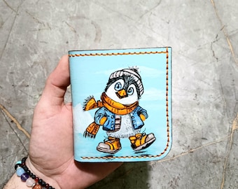 Outgoing penguin themed leather mini wallet card holder