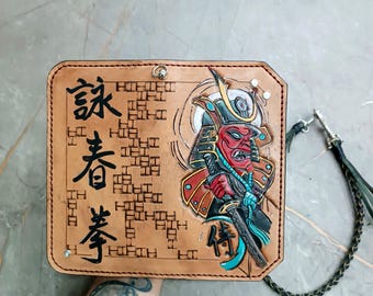 Samurai themed embossed long leather wallet