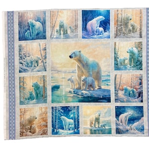 May include: A white fabric with a repeating pattern of polar bears in various winter scenes. The bears are depicted in a variety of poses, including standing, walking, and playing. The scenes are set against a backdrop of snow, ice, and trees. The fabric is perfect for quilting, sewing, and crafting.