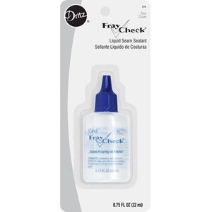 May include: A clear plastic bottle of Dritz Fray Check Liquid Seam Sealant. The bottle has a blue cap and a label that says "Fray Check" and "Stops Fraying on Fabric". The bottle contains 0.75 fl oz (22 ml) of sealant.