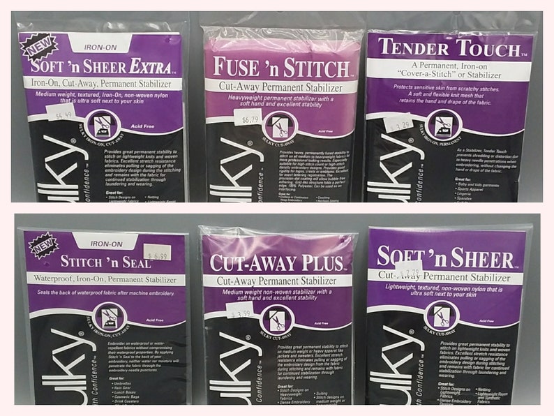 K&ouml;nnte beinhalten: Sechs verschiedene Pakete mit B&uuml;gelvlies f&uuml;r N&auml;hen und Sticken. Die Pakete sind mit dem Markennamen "Silky" und den Produktnamen "Soft 'n Sheer Extra", "Fuse 'n Stitch", "Tender Touch", "Stitch 'n Seal", "Cut-Away Plus" und "Soft 'n Sheer" gekennzeichnet.