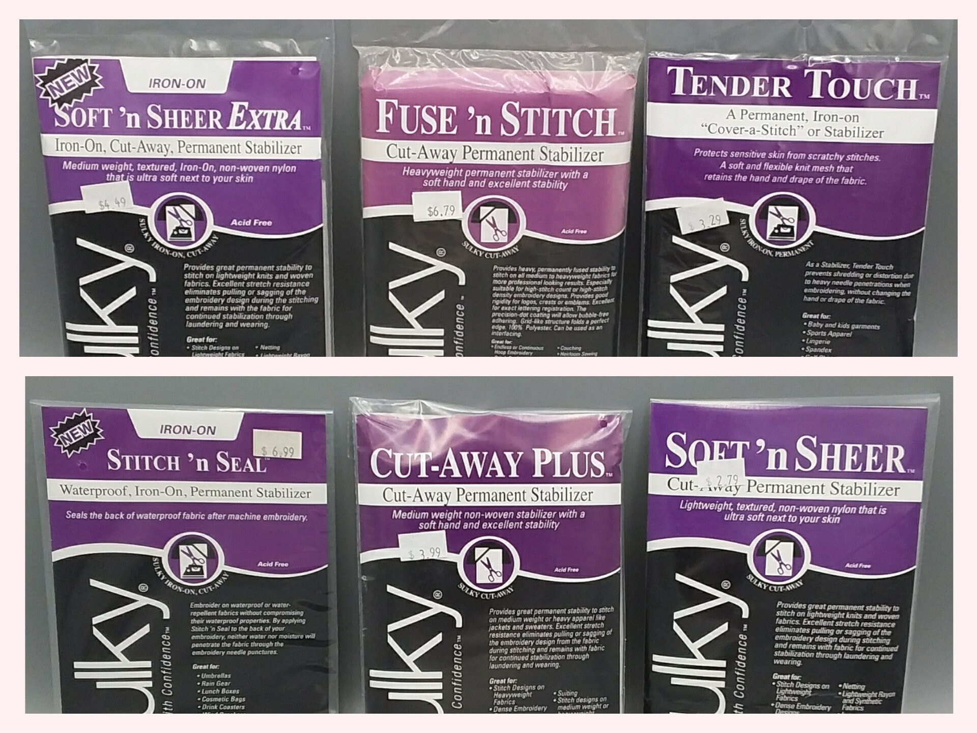 Sulky Cut Away Stabilizer 1-yard Package L Soft N Sheer L Cut Away Plus L  Fuse N Stitch L Soft N Sheer Extra L Tender Touch 