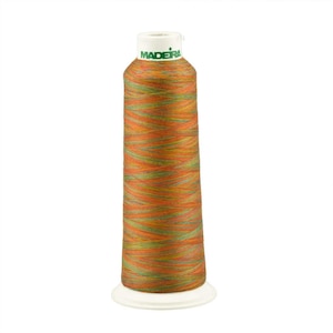 May include: A spool of Madeira embroidery thread in a multi-colored ombre pattern of orange, yellow, green, and brown.