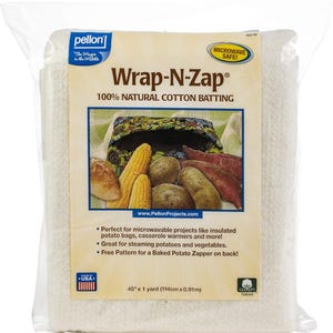 May include: A white package of Pellon Wrap-N-Zap 100% natural cotton batting. The package is microwave safe and is perfect for microwavable projects like insulated potato bags, casserole warmers, and more. The package includes a free pattern for a baked potato zapper. The package is 45 inches by 1 yard (114 cm x 0.91 m).