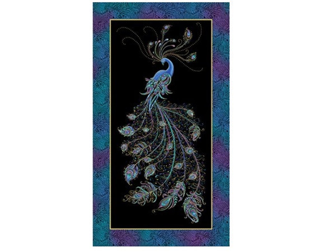 Black Peacock Flourish Quilt Panel Etsy