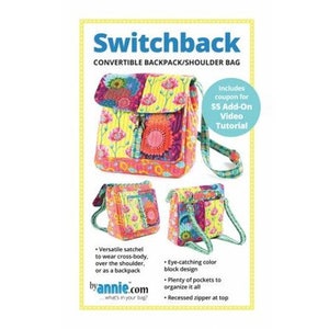 May include: A colorful patchwork fabric bag with a zipper closure. The bag can be worn as a backpack or a shoulder bag. The image includes the text "Switchback Convertible Backpack/Shoulder Bag" and "Includes coupon for SS Add-On Video Tutorial".