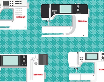 REMNANT 1.66 yd Teal Bernina Sewing Machine 100% Cotton Fabric #13643-24 Benartex Amanda Murphy