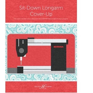 May include: A red and white sewing machine cover with a black and white illustration of a sewing machine. The cover is designed for the Bernina 160 and 180 Sit-Down Longarm machines. The text "Sit-Down Longarm Cover-Up" is printed on the cover.
