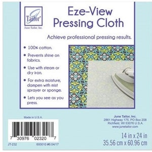 May include: White pressing cloth with a blue and green floral pattern border. The text "Eze-View Pressing Cloth" is printed in black at the top of the package. The text "Achieve professional pressing results." is printed in black below the product name. The package lists features of the product, including "100% cotton", "prevents shine on fabrics", "use with steam or dry iron", "for extra moisture, dampen with mist sprayer or sponge", and "lets you see as you press". The package also includes the text "Made in U.S.A." and a bar code. The package measures 14 inches by 24 inches.