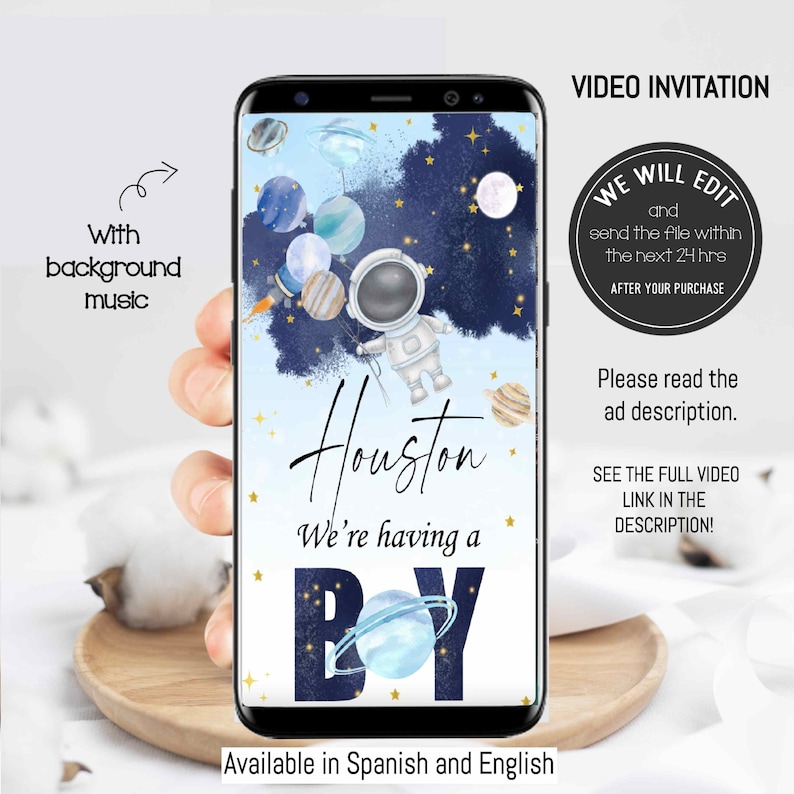 May include: A blue and white video invitation for a baby shower with a cartoon astronaut holding balloons. The text says "Houston, We're having a Boy" with a blue planet in the letter "O".