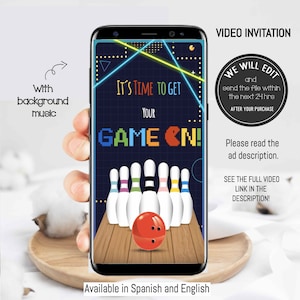 Arcade games video invitation, Arcade games invitation, Game on invitation, Arcade birthday invitation, Bowling birthday invitation
