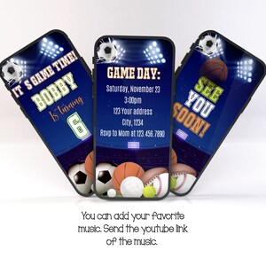 Pode incluir: Um convite de anivers&aacute;rio com tema desportivo com fundo azul e uma cena de est&aacute;dio. O convite apresenta um ecr&atilde; de telefone com o texto "It's Game Time! Bobby is turning 6" e um ecr&atilde; de telefone com o texto "Game Day: Saturday, November 23, 3:00pm, 123 Your address, City, 1234, Rsvp to Mom at 123.456.7890". O terceiro ecr&atilde; de telefone tem o texto "See You Soon!" e uma bola de basquetebol.