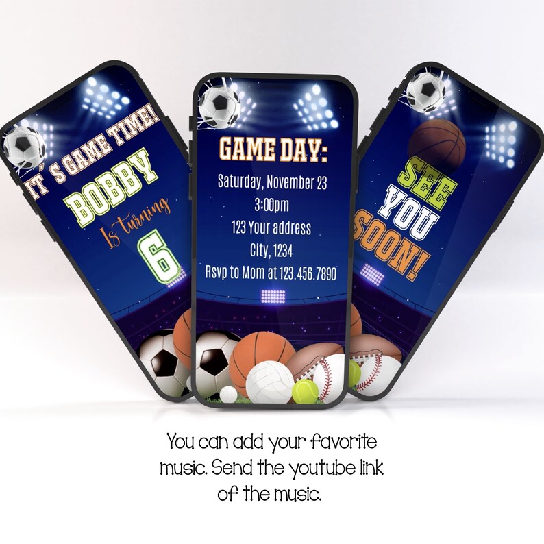 Pode incluir: Um convite de anivers&aacute;rio com tema desportivo com fundo azul e uma cena de est&aacute;dio. O convite apresenta um ecr&atilde; de telefone com o texto "It's Game Time! Bobby is turning 6" e um ecr&atilde; de telefone com o texto "Game Day: Saturday, November 23, 3:00pm, 123 Your address, City, 1234, Rsvp to Mom at 123.456.7890". O terceiro ecr&atilde; de telefone tem o texto "See You Soon!" e uma bola de basquetebol.
