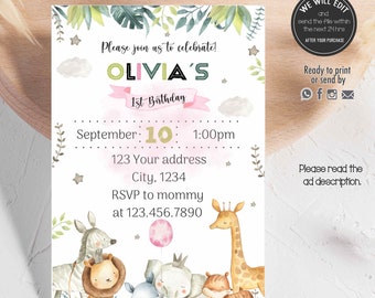 SAFARI invitation, Safari girl birthday, jungle invitation, Jungle Birthday party, safari birthday, safari jungle birthday invitation.SAF02