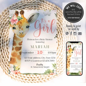 Giraffe baby shower invitation, giraffe invitation, safari invitation, giraffe birthday invitation,baby shower invitation, giraffe invite.G1