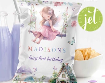 May include: A white chip bag with a fairy illustration, flowers, and the text "MADISON'S fairy first birthday". The bag is decorated with a green and white "Edit with Jet Template" logo.
