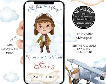 May include: A digital video invitation for a 2nd birthday party. The invitation features a cartoon illustration of a boy wearing a pilot's hat and goggles, flying a plane in a blue sky with white clouds. The text on the invitation reads "Oh, how time flies! Fly on over to celebrate Ethan's 2nd Birthday."