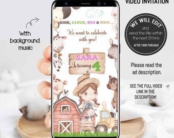 Girl farm video invitation,Barnyard birthday invitation,Barnyard Birthday Party,Farm birthday invitation girl,Farm animals invitation.FARM02