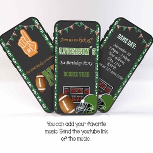 May include: A printable invitation for a 1st birthday party with a football theme. The invitation features a black and green football field design with a football, helmet, and scoreboard. The text on the invitation reads "Join us to kick off Anderson's 1st Birthday Party, Rookie Year".
