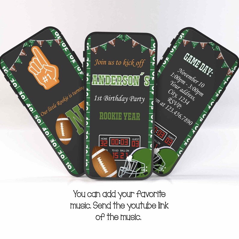 May include: A printable invitation for a 1st birthday party with a football theme. The invitation features a black and green football field design with a football, helmet, and scoreboard. The text on the invitation reads "Join us to kick off Anderson's 1st Birthday Party, Rookie Year".